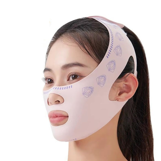 Woman wearing the pink Morning Gleam V-Line Face Wrap